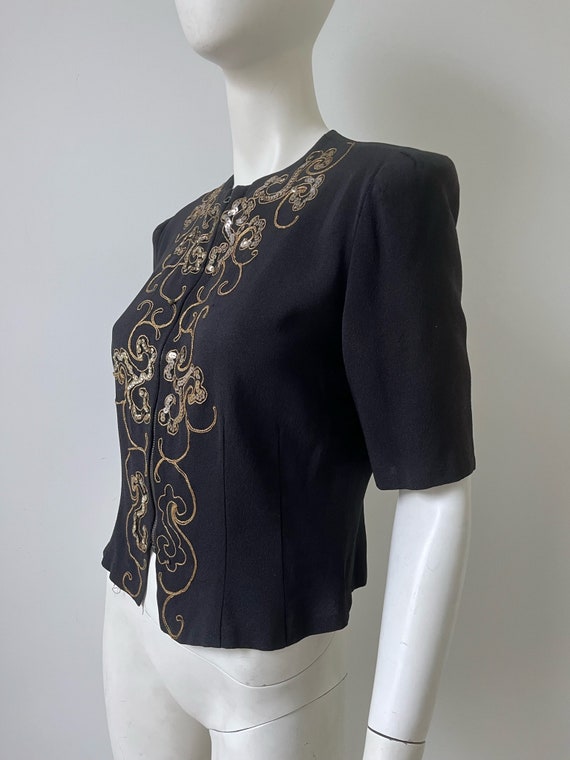 1940s Top / 40s Black Zip Front Sequined Blouse /… - image 4