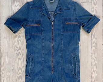 Mono corto de mezclilla Porter Blues de manga corta, estilo vintage de los años 70.