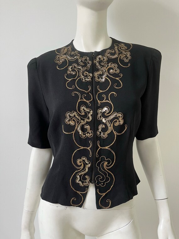 1940s Top / 40s Black Zip Front Sequined Blouse /… - image 2