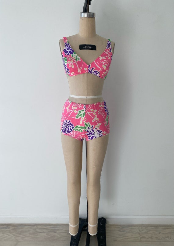 1960s Swimsuit / 60s Pink Floral Bikini / Small
