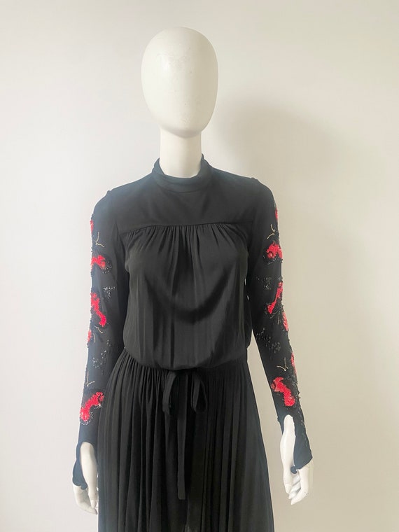 1970s Dress / 70s Jean Varon Black Butterfly Sequ… - image 3