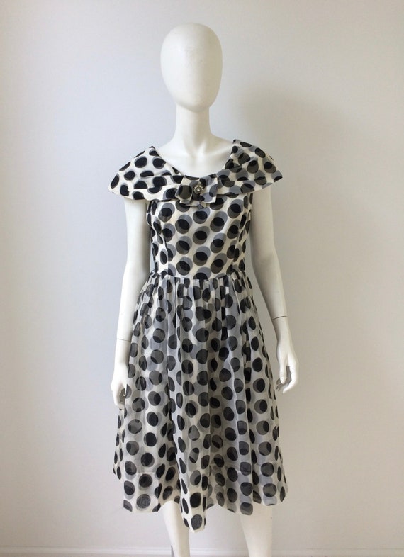 1950s Dress / 50s Black and White Polka Dot Party 