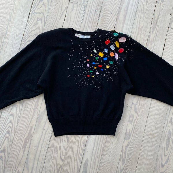 1980s Sweater / 80s Bling Gemstone and Beaded Sweater / Small