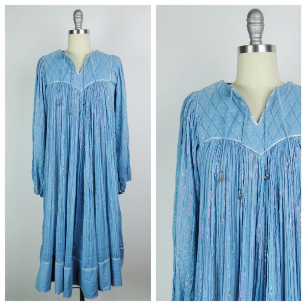 Vintage 1970s Dress / 70s Light Blue Indian Cotton Rainbow Lurex Striped Dress / One Size