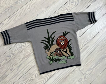 Pull des années 1970 / Pull fantaisie brodé en chenille lion des années 80 / Medium