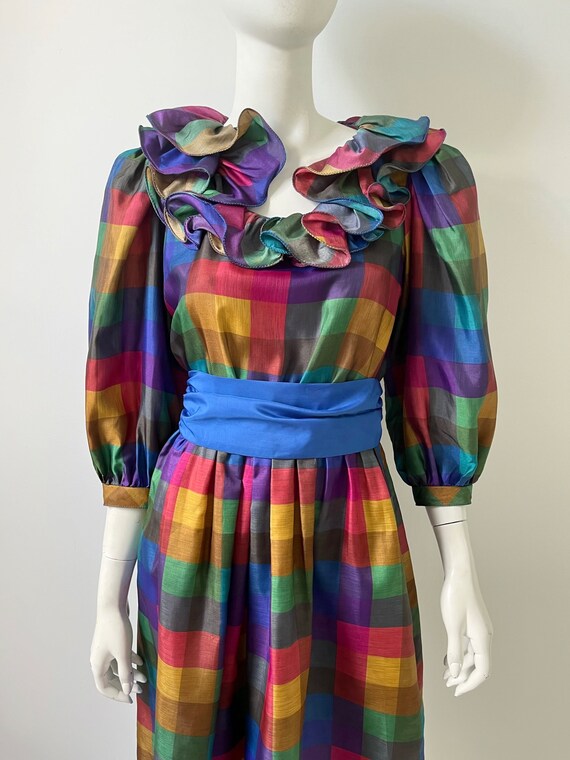 Vintage 1980s Dress / 80s Rainbow Madras Ruffle D… - image 2