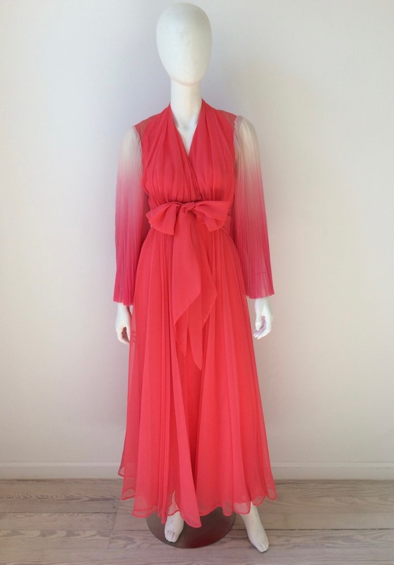 1970s Dress / 70s Pink Ombré Chiffon Gown by Adolf