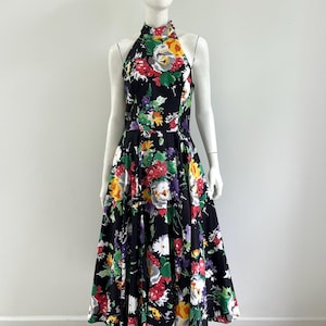 1980s Dress / 80s does 50s Floral Halter Dress / Small