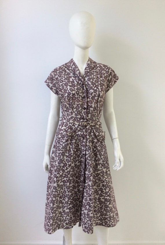 1940s Dress / 50s Purple Flower Lace Print Golf Dr