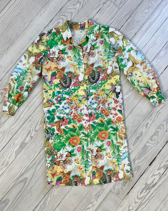 1970s Dress / 70s Animal Novelty Print Dress / Me… - image 1