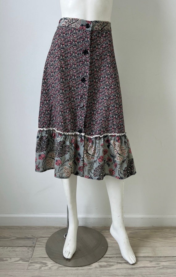 1970s Skirt / 70s Mixed Floral Midi Skirt / Medium