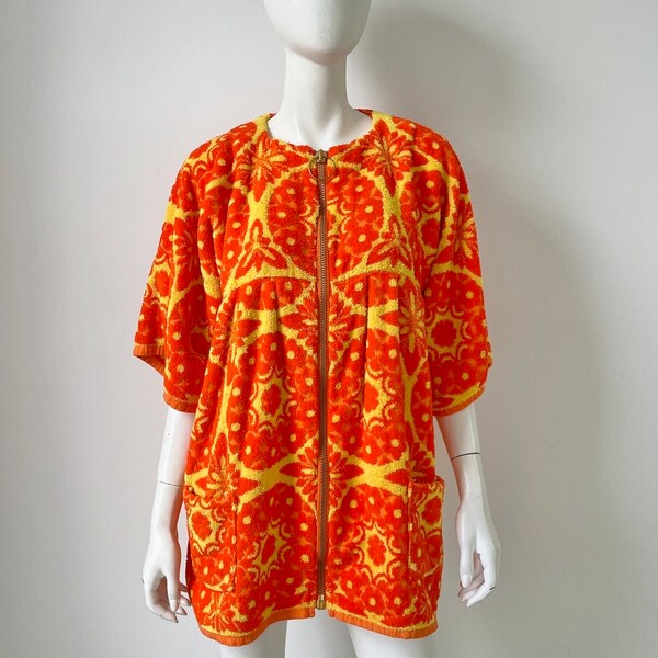 1970s Mini Dress / 70s Orange Floral Towel Cover Up Kaftan or Jacket / Medium