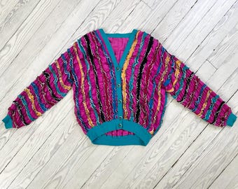 1980s Cardigan / 80s Pink Colorful Funky Jersey Jacket / Medium