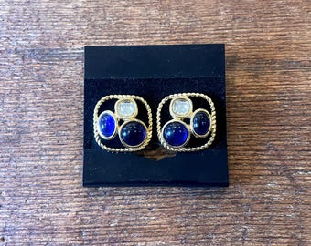 Vintage 80s Gold Tone Stud Earrings with Blue and Clear Stones