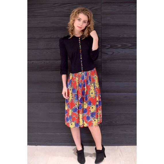 Vintage 1940s Dress / 40s Floral Jersey Dress / Sm