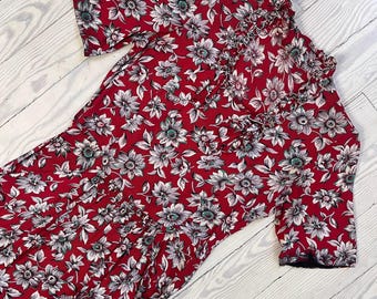 1930s Dress / 30s Red Silk Crepe Floral Day Dress / S-M/ AS IS