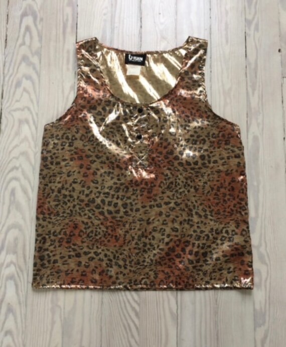 1970s-80s Top / 70s-80s Leopard Print Lamé Tank T… - image 7