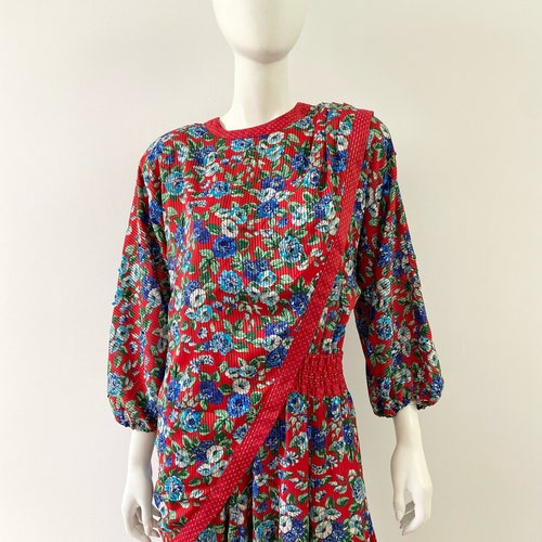1980s shops Dress / 80s Diane Freis Red and Blue Floral Dress / Medium