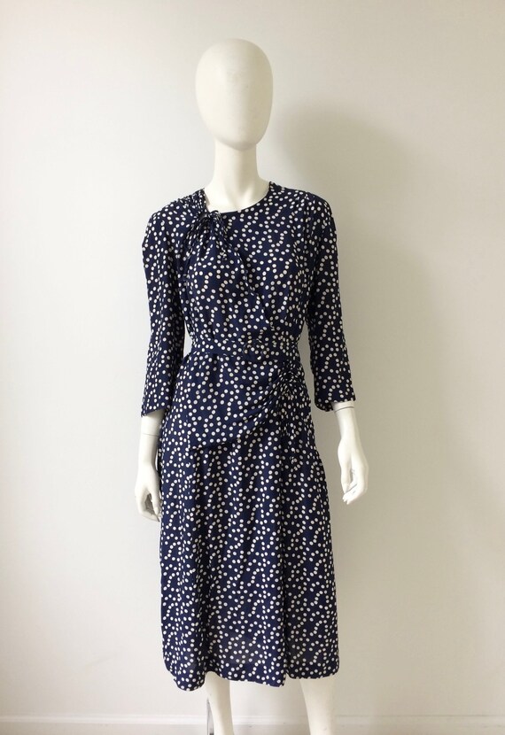 1940s Dress / 40s Navy Polka Dot Dress / Medium to