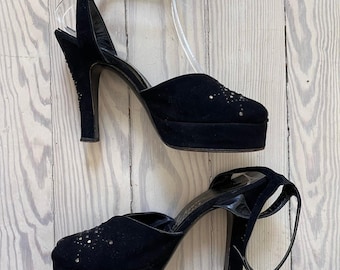 Vintage 1940s Black Suede Rhinestone Platforms Sz 7.5