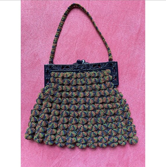 Vintage 1930s Purse / 40s Rainbow Corde Crochet Ha
