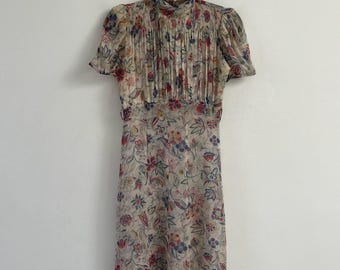 Vintage 1930s Silk Chiffon Floral Dress— XS