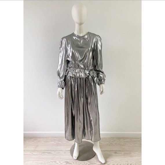 Vintage 1980s Dress /80s Silver Lamé Skirt Set / M