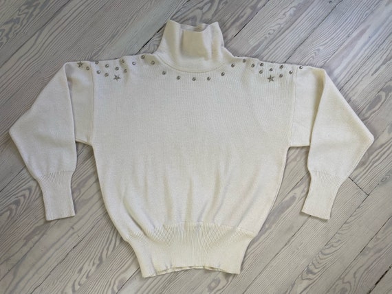 1970s Top / 70s Studded Cream Turtleneck Sweater … - image 7