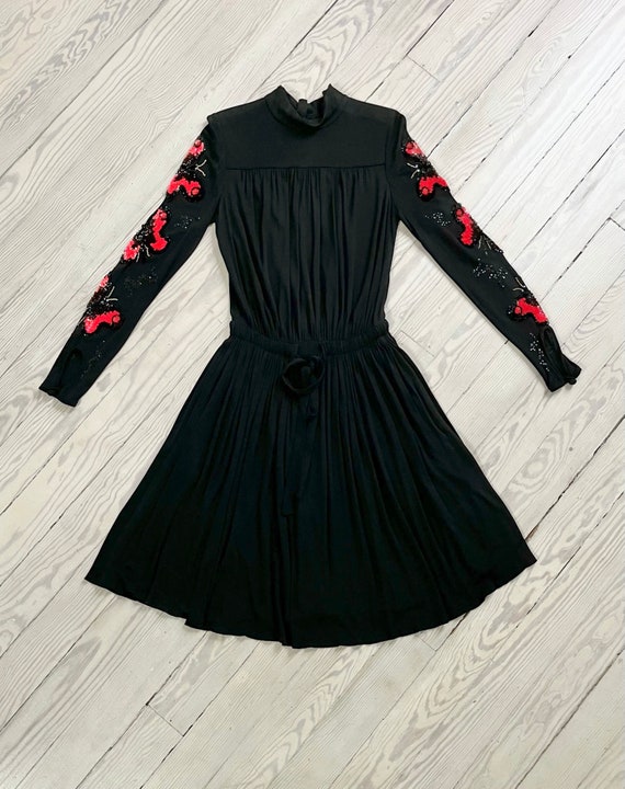 1970s Dress / 70s Jean Varon Black Butterfly Sequ… - image 10