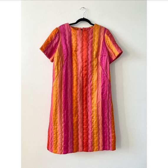Vintage 1960s Dress / 60s Stripe Quilted Dress / L