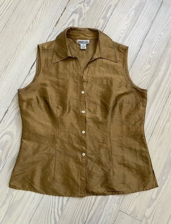 1990s Top / 90s Bronze Silk Sleeveless Top / Large - image 1