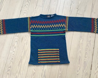 Vintage 1970s Sweater / 70s Deadstock Blue Colorful Striped Sweater / Small