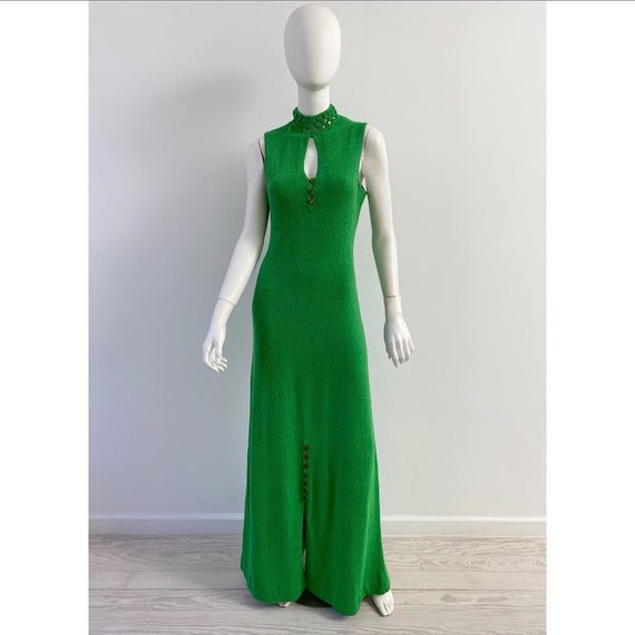Vintage 1970s Dress / 70s Sexy Green Knit Maxi Dre