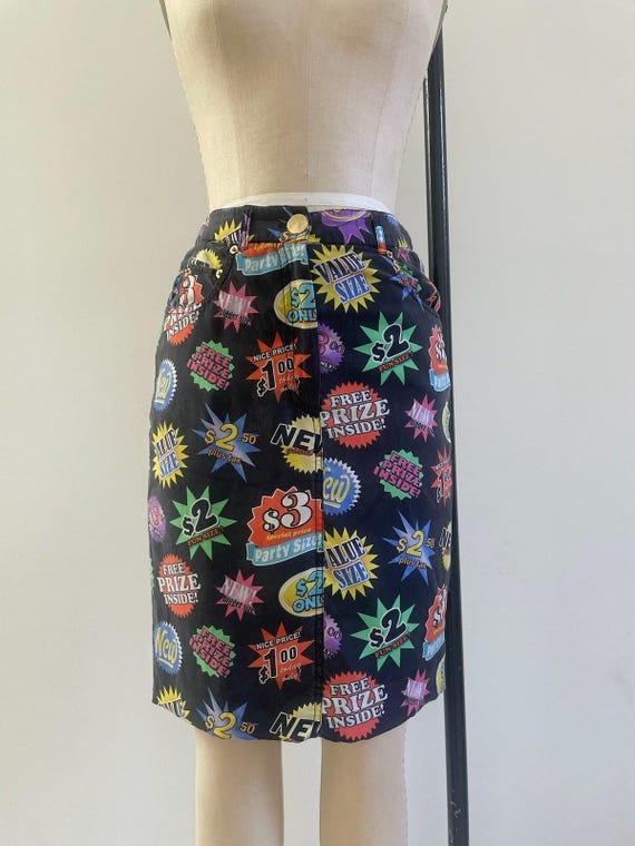 Moschino Couture, 90s Moschino Couture Silk Novelty Print Skirt