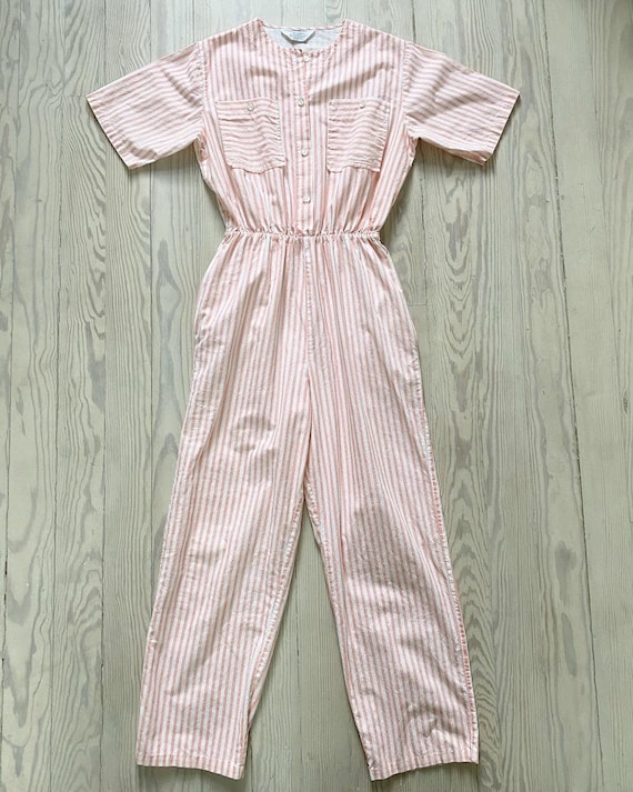 Vintage 1980s Jumpsuit / 80s Pink Striped Jumpsuit