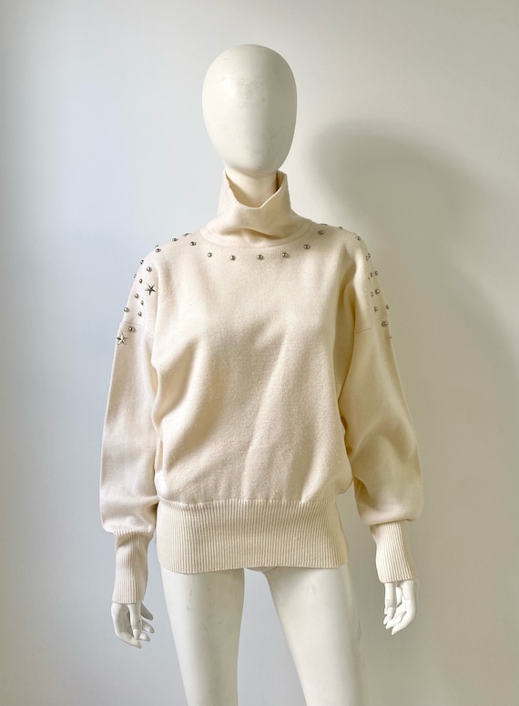 1970s Top / 70s Studded Cream Turtleneck Sweater … - image 1