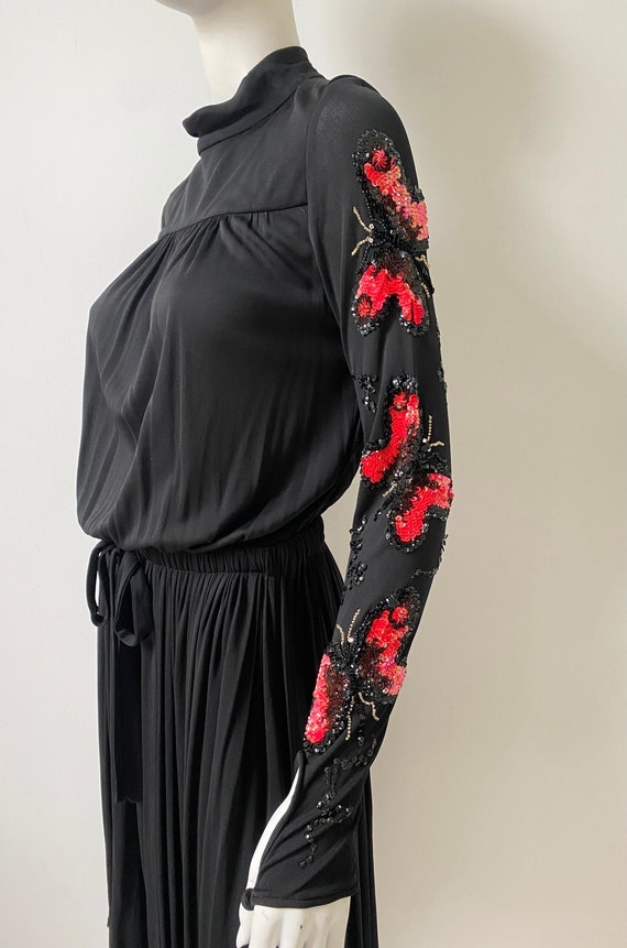 1970s Dress / 70s Jean Varon Black Butterfly Sequ… - image 1