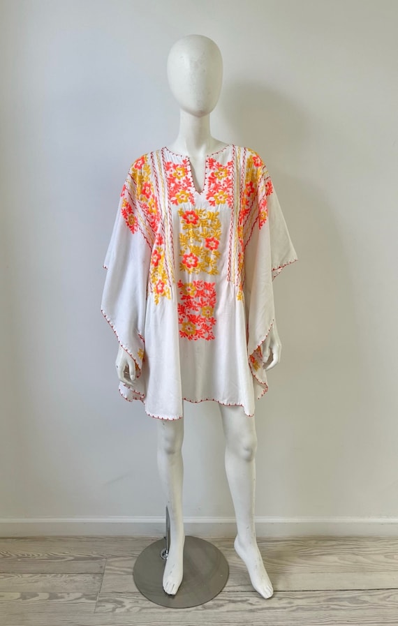 1970s Dress / 70s Embroidered Kaftan Dress / One S