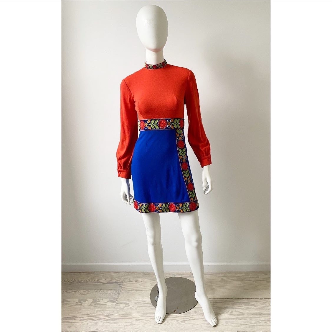 PrizesforArla Vintage 1970s Dress /70s Lanz Color Block Embroidered Mini Dress / Extra Small