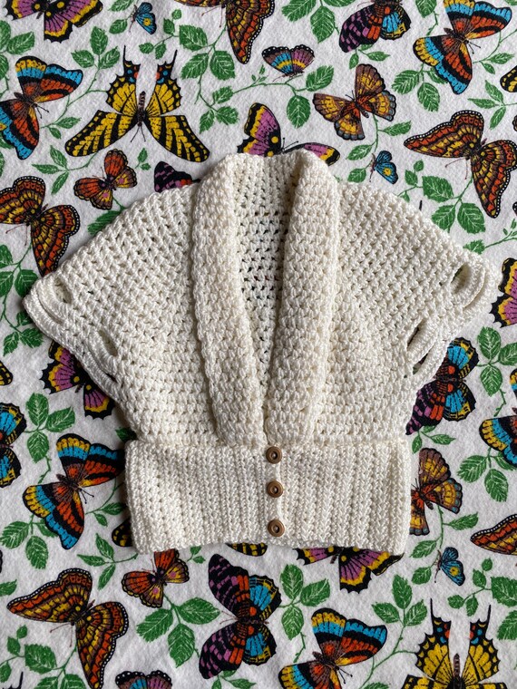 Vintage 1970s Sweater / 70s does 30s White Crochet
