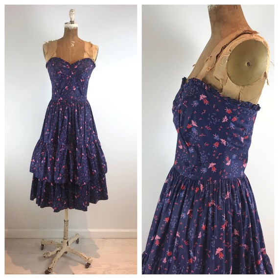 Vintage 1950s Dress / 50s Navy Butterfly Novelty P