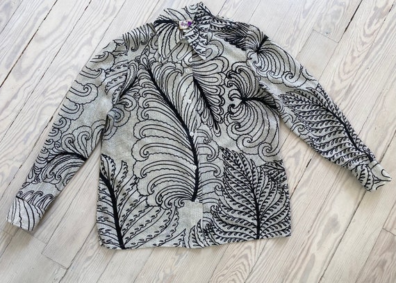 1970s Blouse / 70s Silver Lurex Fern Print Shirt / Large