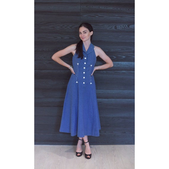 Vintage 1950s Dress / 50s T-back Chambray Dress /