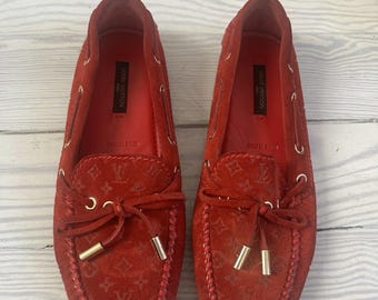 Louis Vuitton LV Monogram Red Suede Driving Shoe Moccasins Loafer Sz 36
