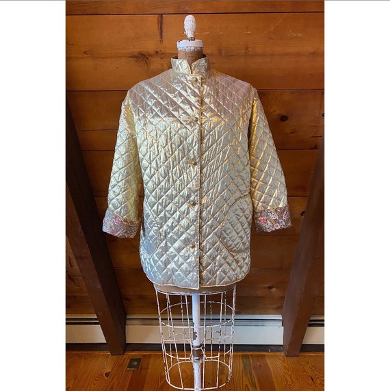 Vintage 1980s Jacket / 90s Gold Lamé Quilted Jacke