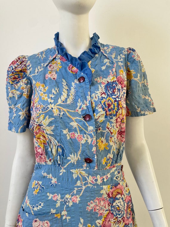 1940s Dress / 40s Blue Floral Dressing Gown / Med… - image 3