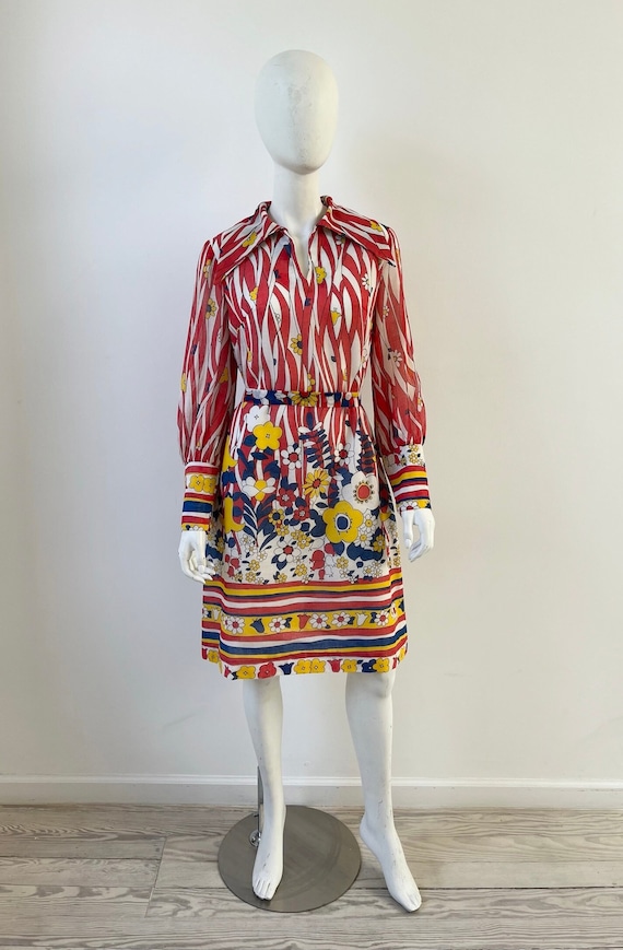 1970s Dress / 70s Graphic Floral Primary Colored D