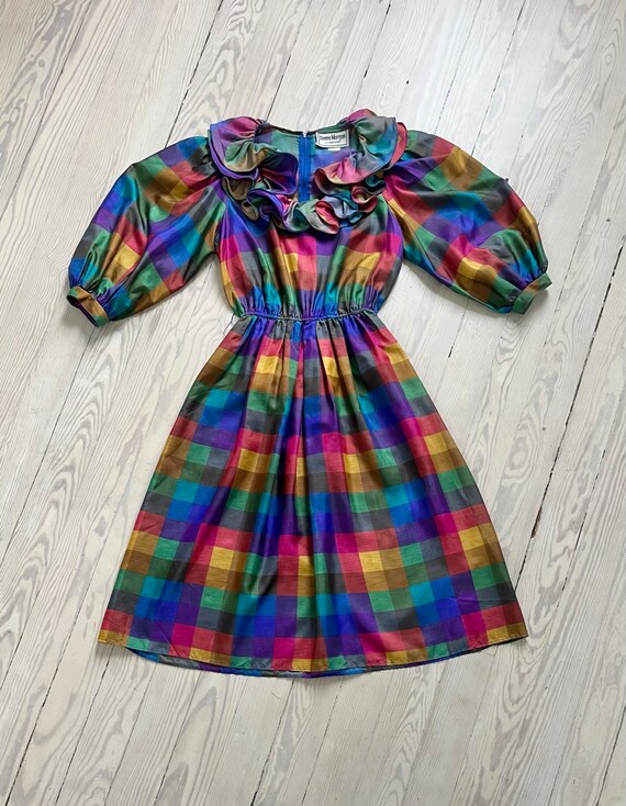 Vintage 1980s Dress / 80s Rainbow Madras Ruffle D… - image 7