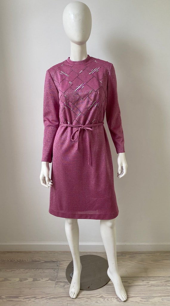 Vintage 1970s Dress /70s Pink Silver Lurex Metalli