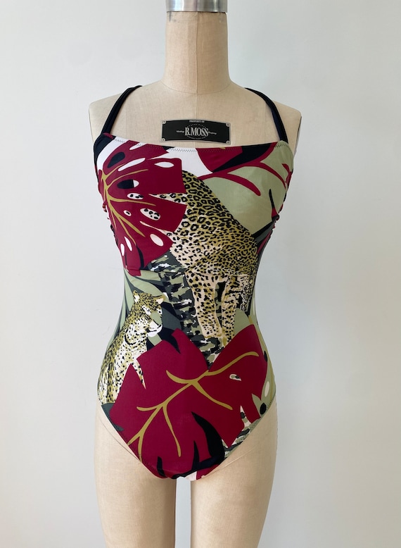 Vintage 1970s Swimsuit / 70s Tropical Leopard Anim